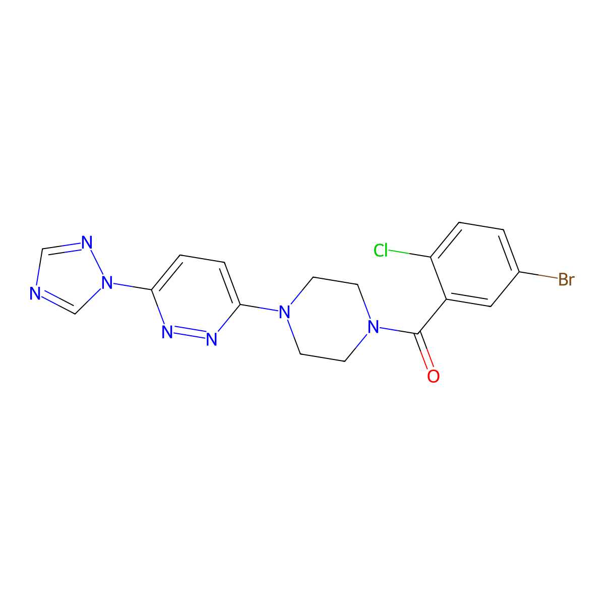 (4-(6-(1H-1,2,4-triazol-1-yl)pyridazin-3-yl)piperazin-1-yl)(5-bromo-2-chlorophenyl)methanone molecular structure, CAS 1797719-20-0