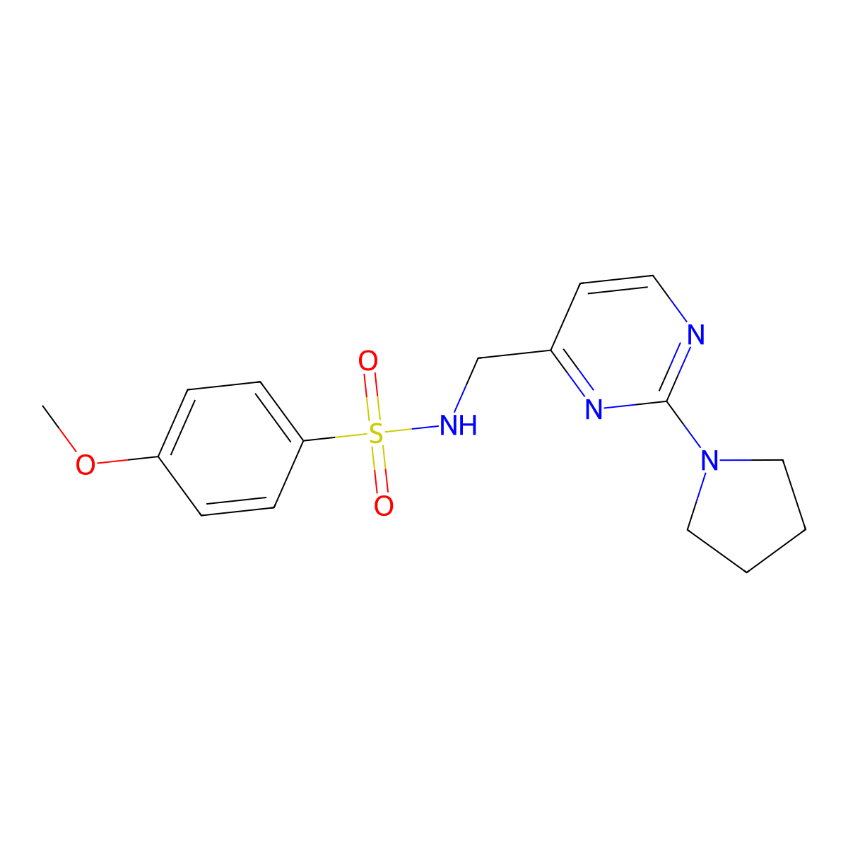 4-methoxy-N-((2-(pyrrolidin-1-yl)pyrimidin-4-yl)methyl)benzenesulfonamide molecular structure, CAS 1797719-95-9