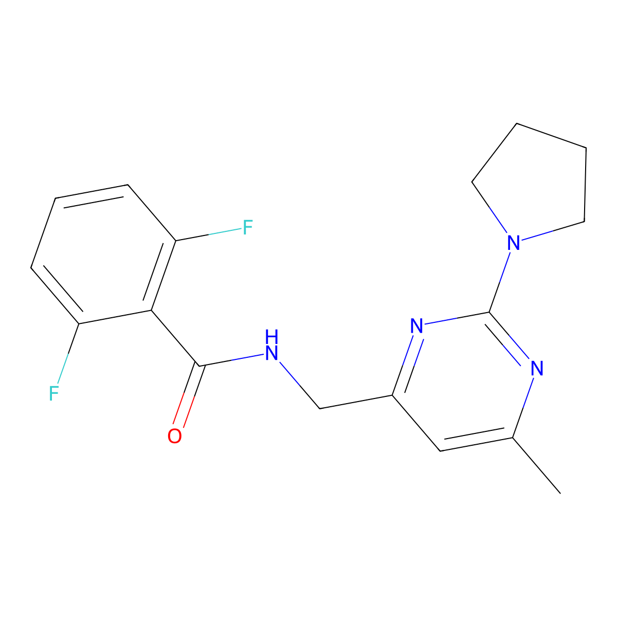 2,6-difluoro-N-{[6-methyl-2-(pyrrolidin-1-yl)pyrimidin-4-yl]methyl}benzamide molecular structure, CAS 1797719-99-3