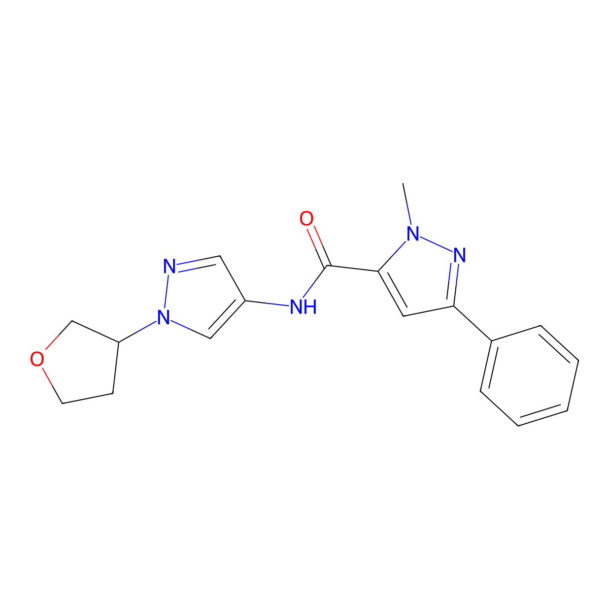 1-methyl-3-phenyl-N-(1-(tetrahydrofuran-3-yl)-1H-pyrazol-4-yl)-1H-pyrazole-5-carboxamide molecular structure, CAS 1797720-27-4