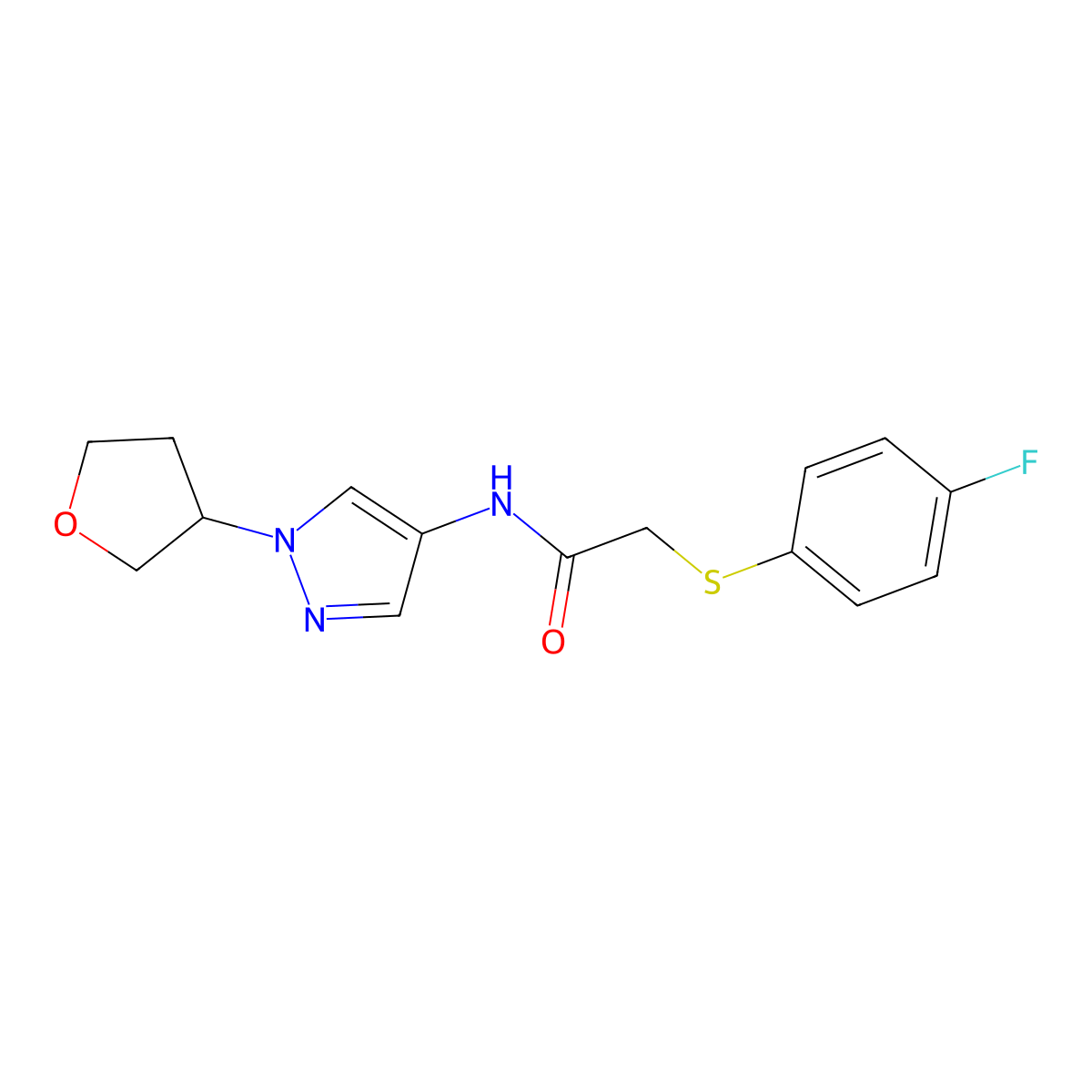 2-((4-fluorophenyl)thio)-N-(1-(tetrahydrofuran-3-yl)-1H-pyrazol-4-yl)acetamide molecular structure, CAS 1797720-34-3