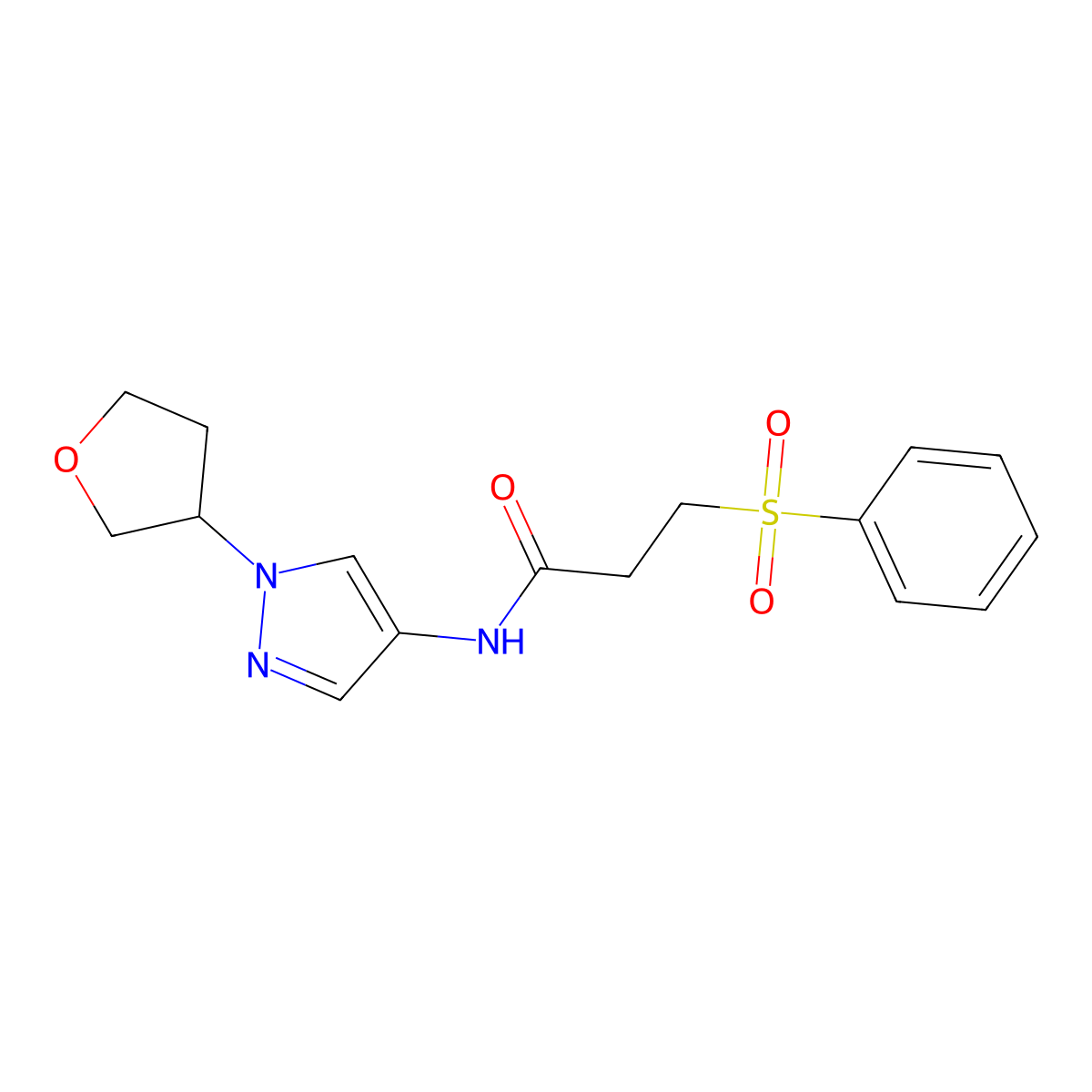 3-(phenylsulfonyl)-N-(1-(tetrahydrofuran-3-yl)-1H-pyrazol-4-yl)propanamide molecular structure, CAS 1797720-45-6