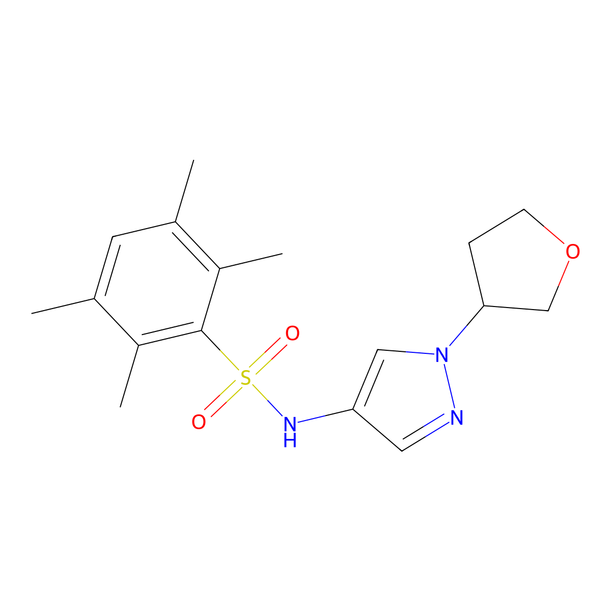 2,3,5,6-tetramethyl-N-(1-(tetrahydrofuran-3-yl)-1H-pyrazol-4-yl)benzenesulfonamide molecular structure, CAS 1797720-74-1