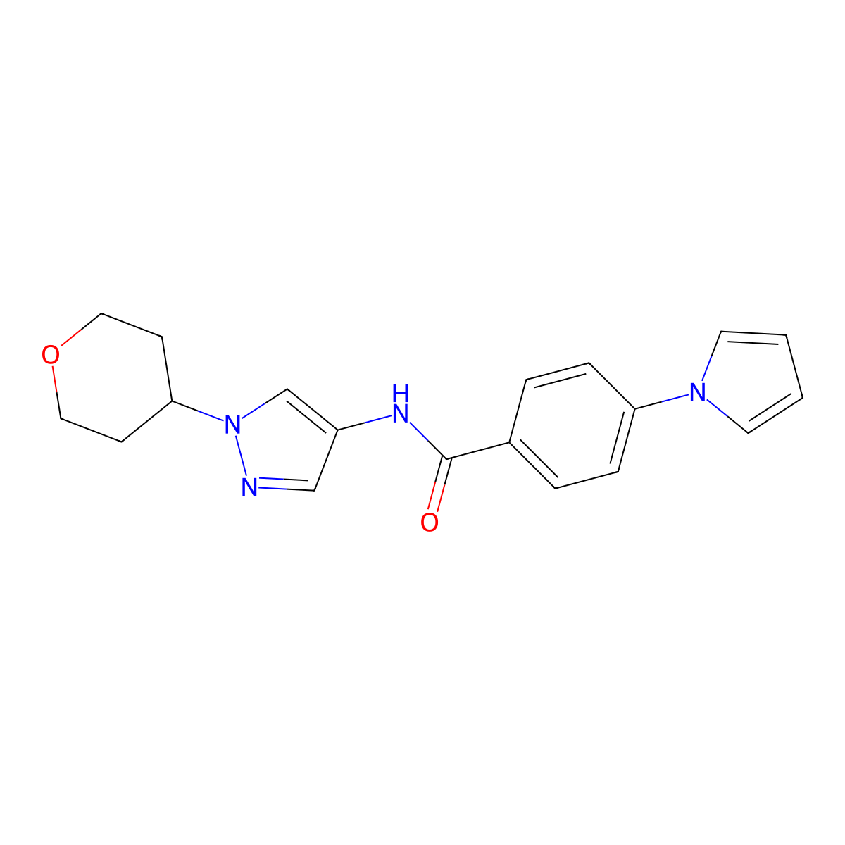 4-(1H-pyrrol-1-yl)-N-(1-(tetrahydro-2H-pyran-4-yl)-1H-pyrazol-4-yl)benzamide molecular structure, CAS 1797720-81-0