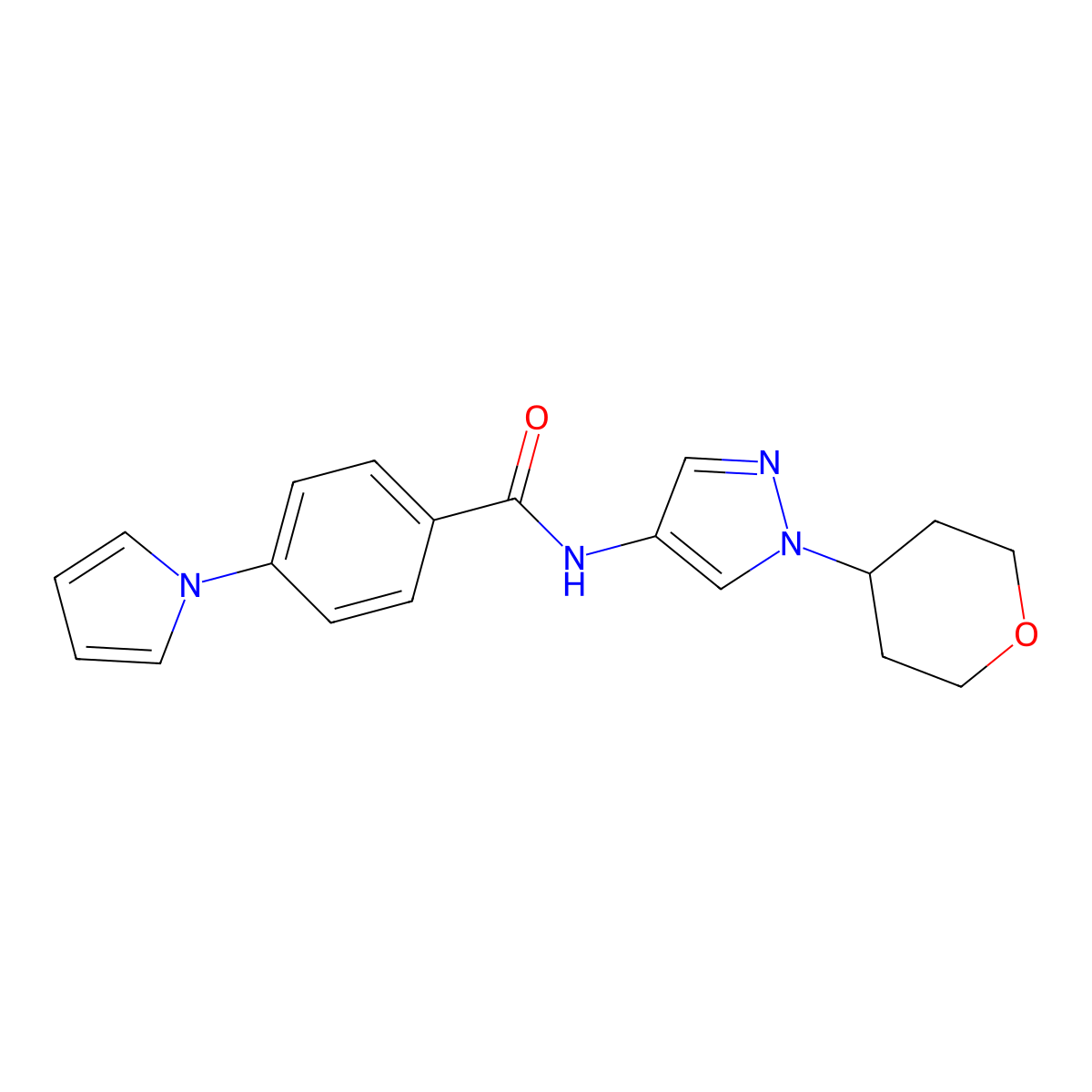 4-(1H-pyrrol-1-yl)-N-(1-(tetrahydro-2H-pyran-4-yl)-1H-pyrazol-4-yl)benzamide molecular structure, CAS 1797720-81-0