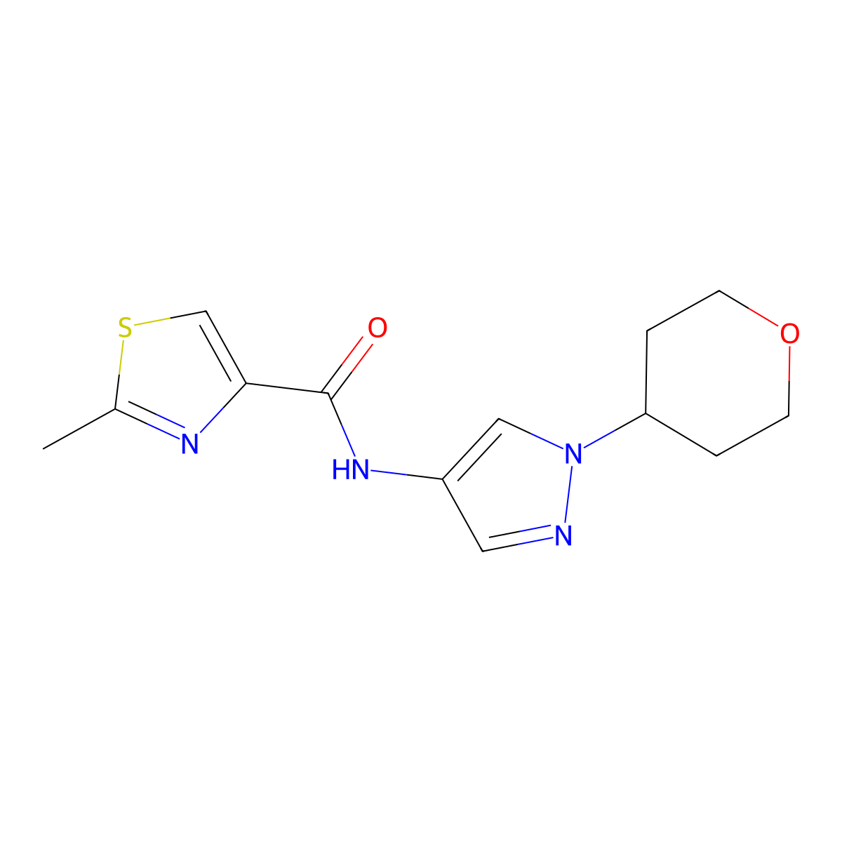 2-methyl-N-(1-(tetrahydro-2H-pyran-4-yl)-1H-pyrazol-4-yl)thiazole-4-carboxamide molecular structure, CAS 1797720-92-3