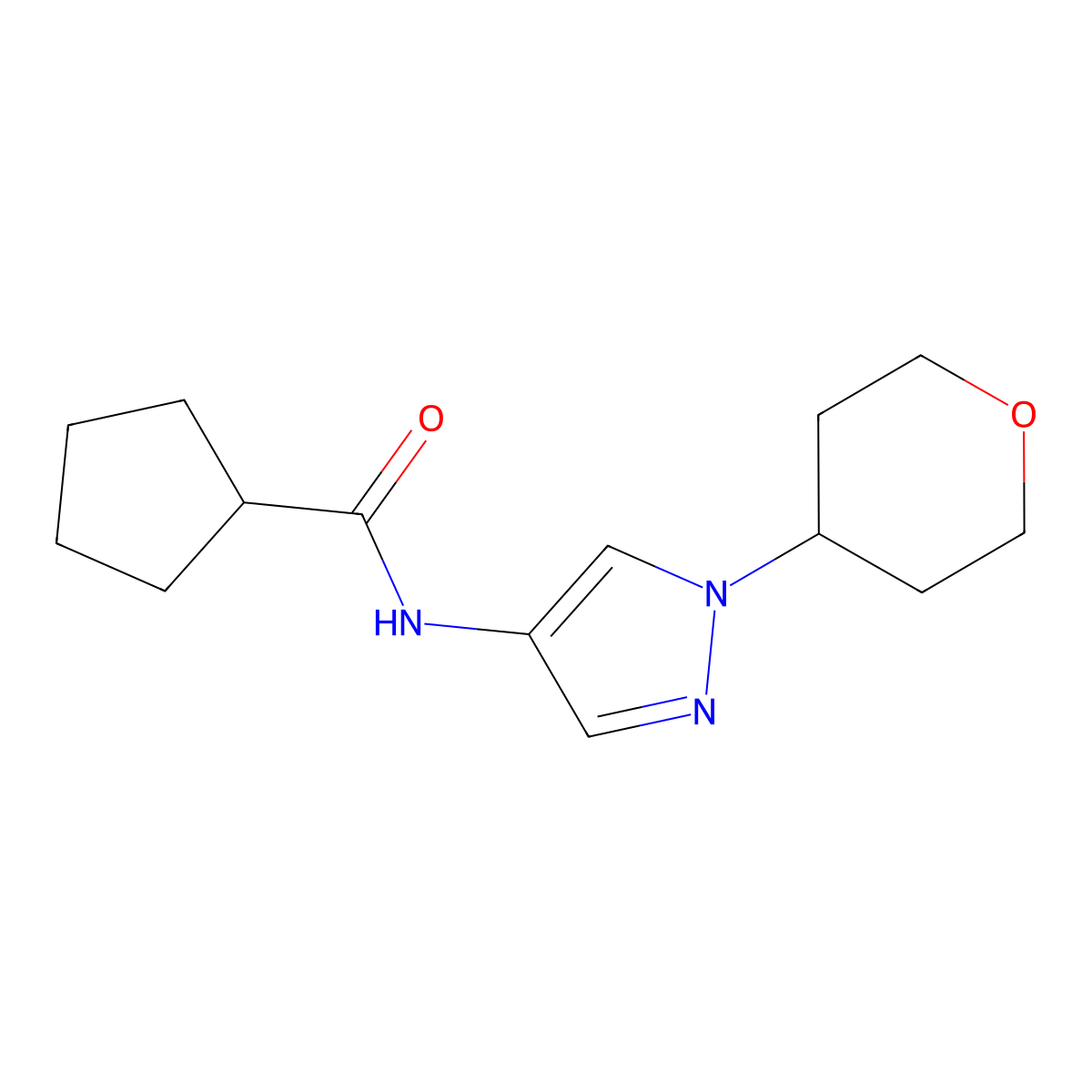 N-(1-(tetrahydro-2H-pyran-4-yl)-1H-pyrazol-4-yl)cyclopentanecarboxamide molecular structure, CAS 1797721-09-5