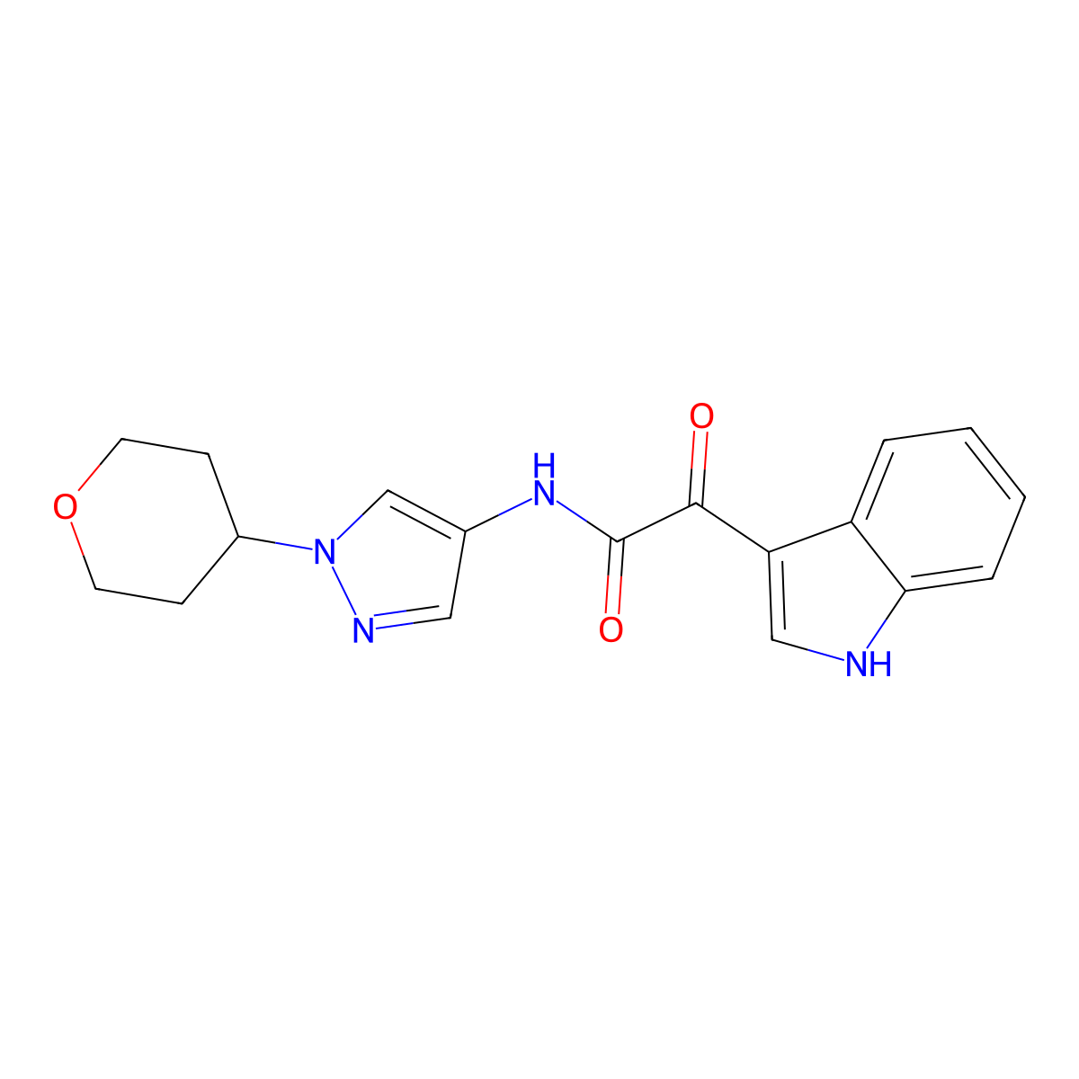 2-(1H-indol-3-yl)-2-oxo-N-(1-(tetrahydro-2H-pyran-4-yl)-1H-pyrazol-4-yl)acetamide molecular structure, CAS 1797721-17-5