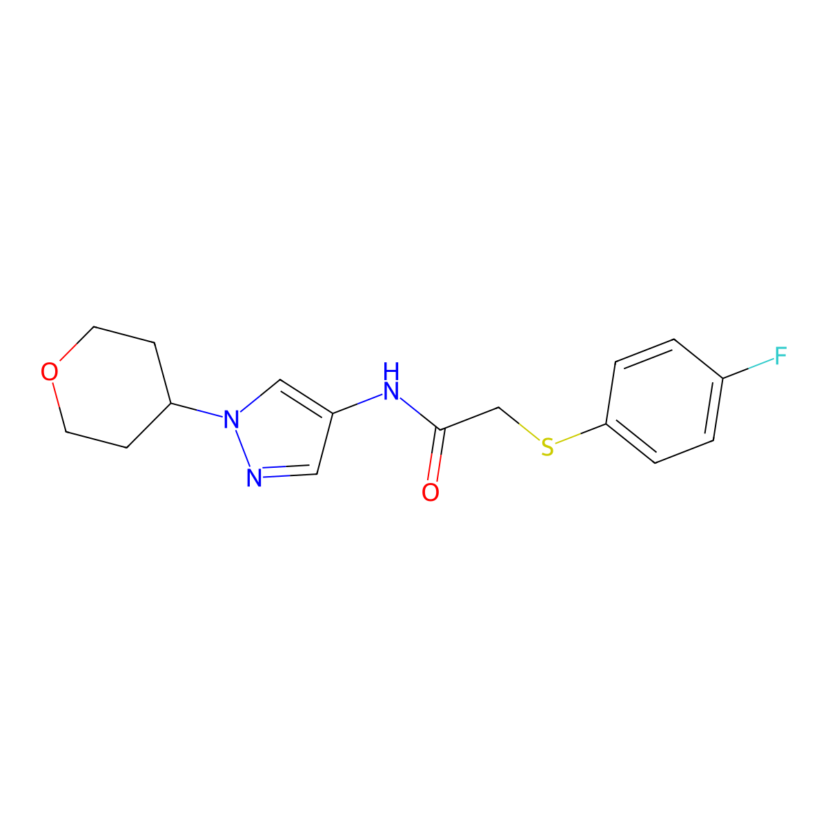 2-((4-fluorophenyl)thio)-N-(1-(tetrahydro-2H-pyran-4-yl)-1H-pyrazol-4-yl)acetamide molecular structure, CAS 1797721-24-4