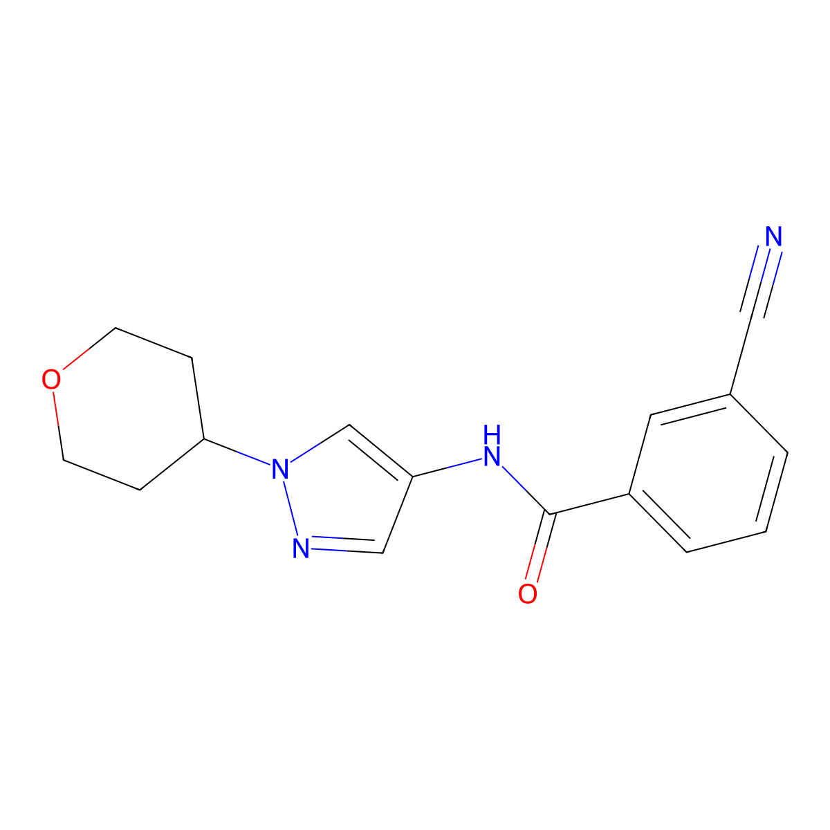 3-cyano-N-(1-(tetrahydro-2H-pyran-4-yl)-1H-pyrazol-4-yl)benzamide molecular structure, CAS 1797721-33-5