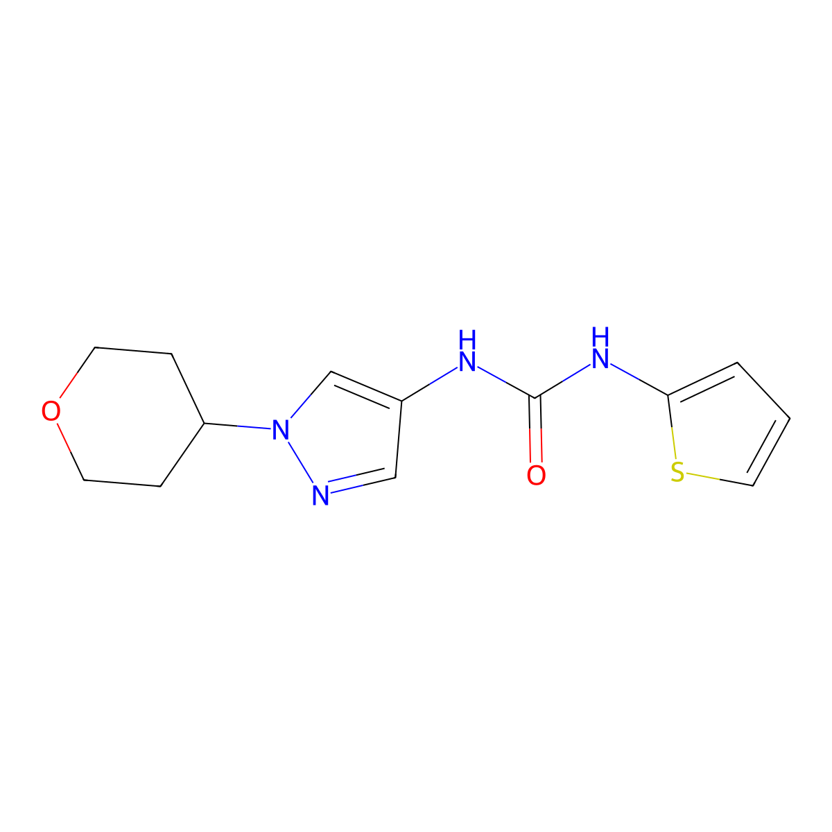 1-(1-(tetrahydro-2H-pyran-4-yl)-1H-pyrazol-4-yl)-3-(thiophen-2-yl)urea molecular structure, CAS 1797721-53-9