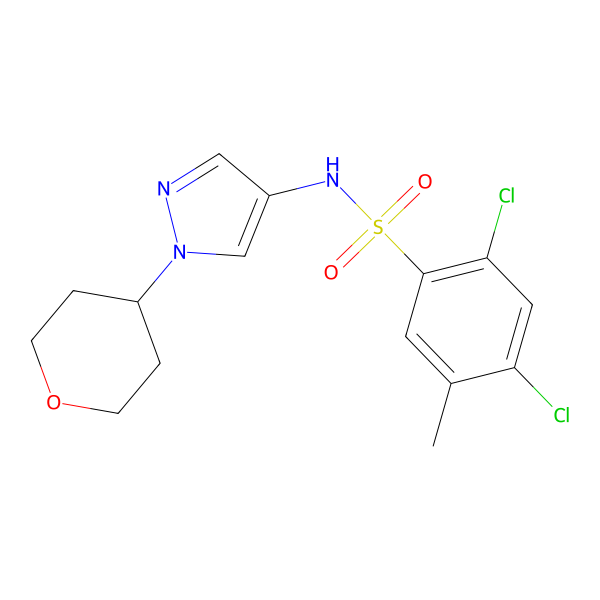 2,4-dichloro-5-methyl-N-(1-(tetrahydro-2H-pyran-4-yl)-1H-pyrazol-4-yl)benzenesulfonamide molecular structure, CAS 1797721-66-4
