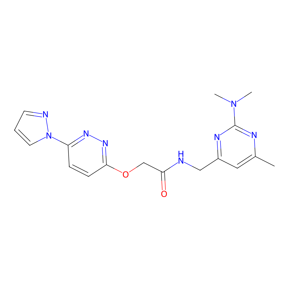 2-((6-(1H-pyrazol-1-yl)pyridazin-3-yl)oxy)-N-((2-(dimethylamino)-6-methylpyrimidin-4-yl)methyl)acetamide molecular structure, CAS 1797721-69-7