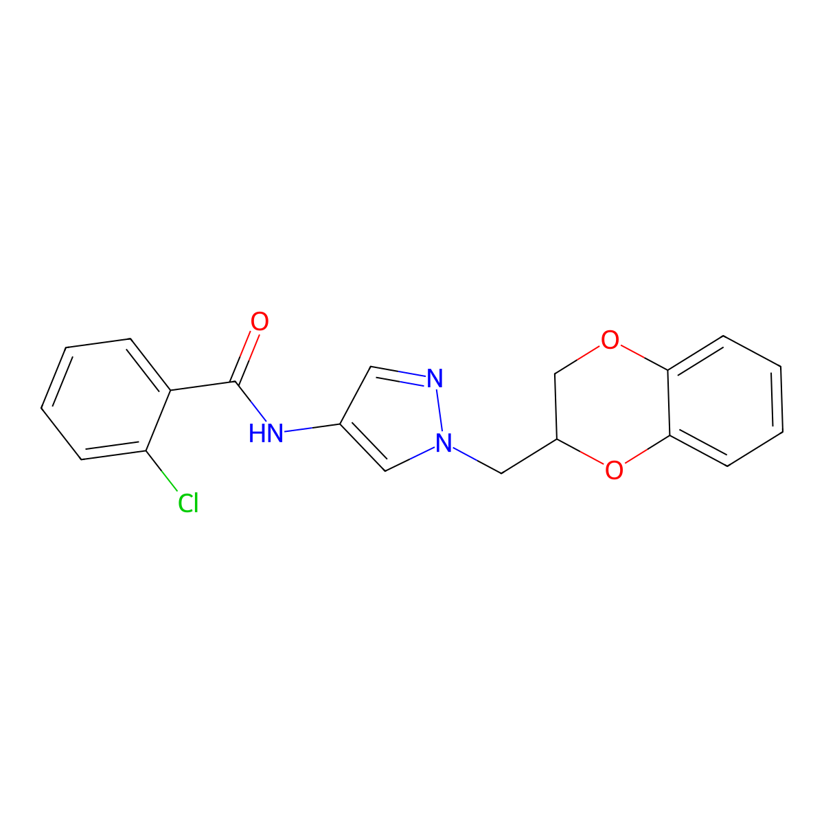 2-chloro-N-(1-((2,3-dihydrobenzo[b][1,4]dioxin-2-yl)methyl)-1H-pyrazol-4-yl)benzamide molecular structure, CAS 1797721-83-5