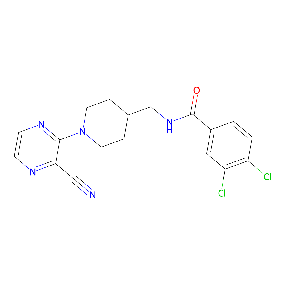 3,4-dichloro-N-((1-(3-cyanopyrazin-2-yl)piperidin-4-yl)methyl)benzamide molecular structure, CAS 1797725-98-4