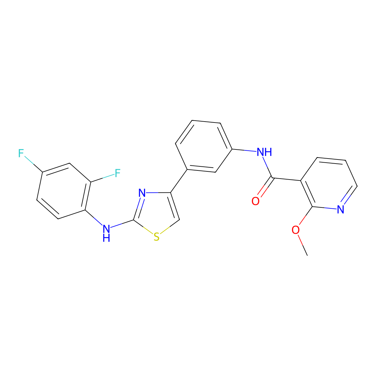 N-(3-(2-((2,4-difluorophenyl)amino)thiazol-4-yl)phenyl)-2-methoxynicotinamide molecular structure, CAS 1797726-17-0