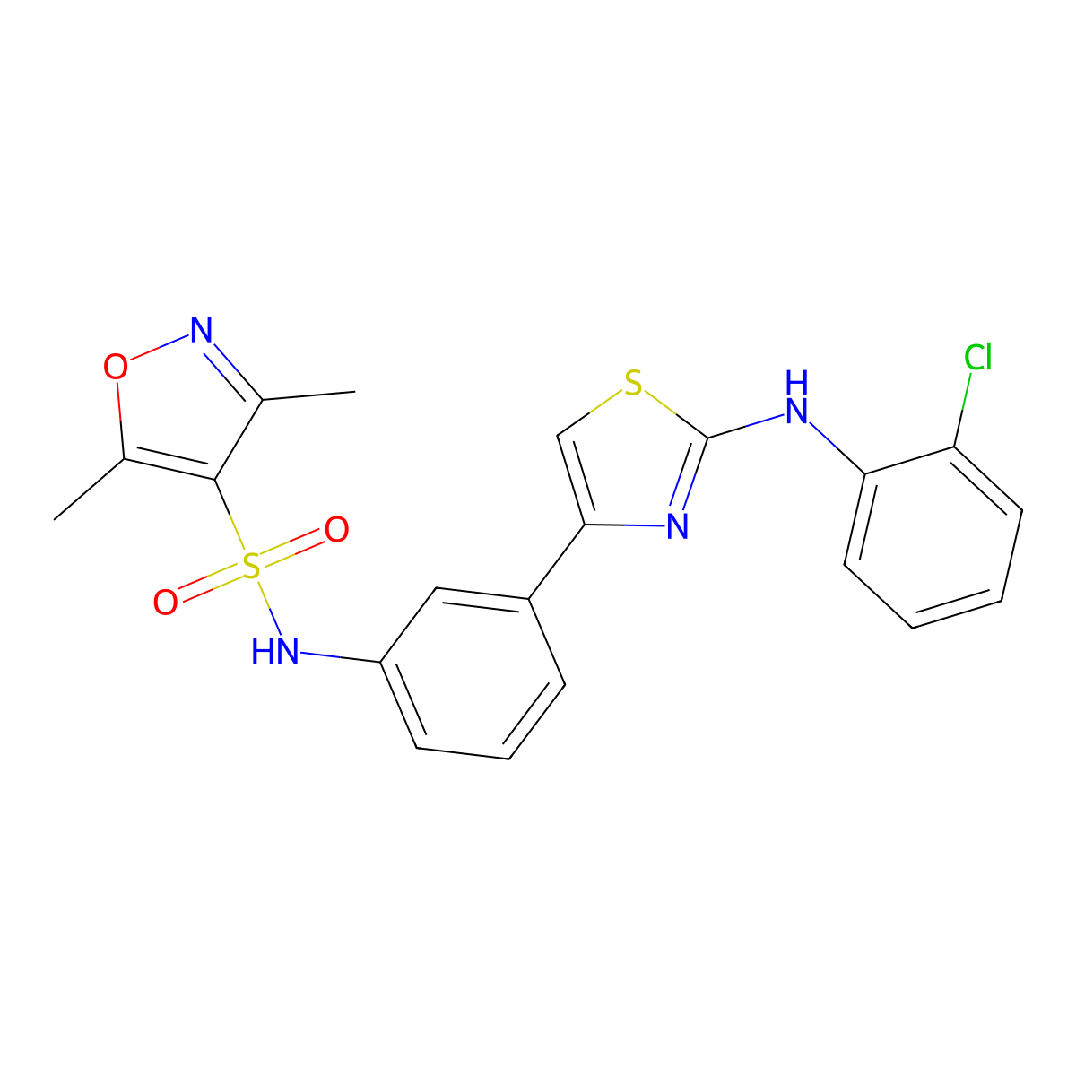 N-(3-(2-((2-chlorophenyl)amino)thiazol-4-yl)phenyl)-3,5-dimethylisoxazole-4-sulfonamide molecular structure, CAS 1797726-21-6