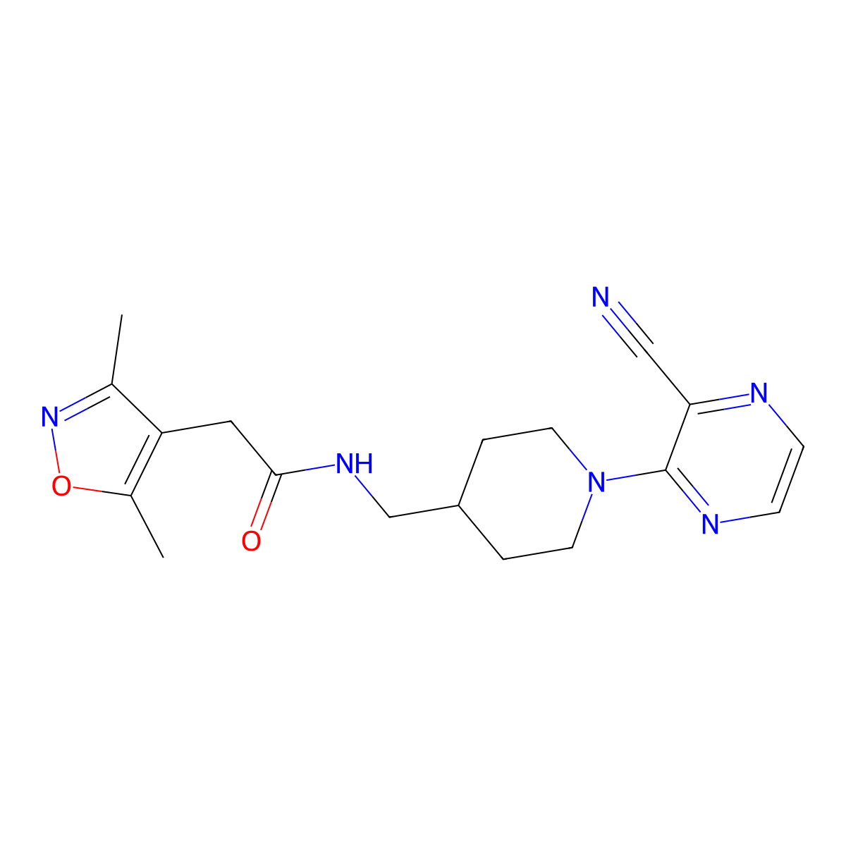 N-((1-(3-cyanopyrazin-2-yl)piperidin-4-yl)methyl)-2-(3,5-dimethylisoxazol-4-yl)acetamide molecular structure, CAS 1797726-25-0