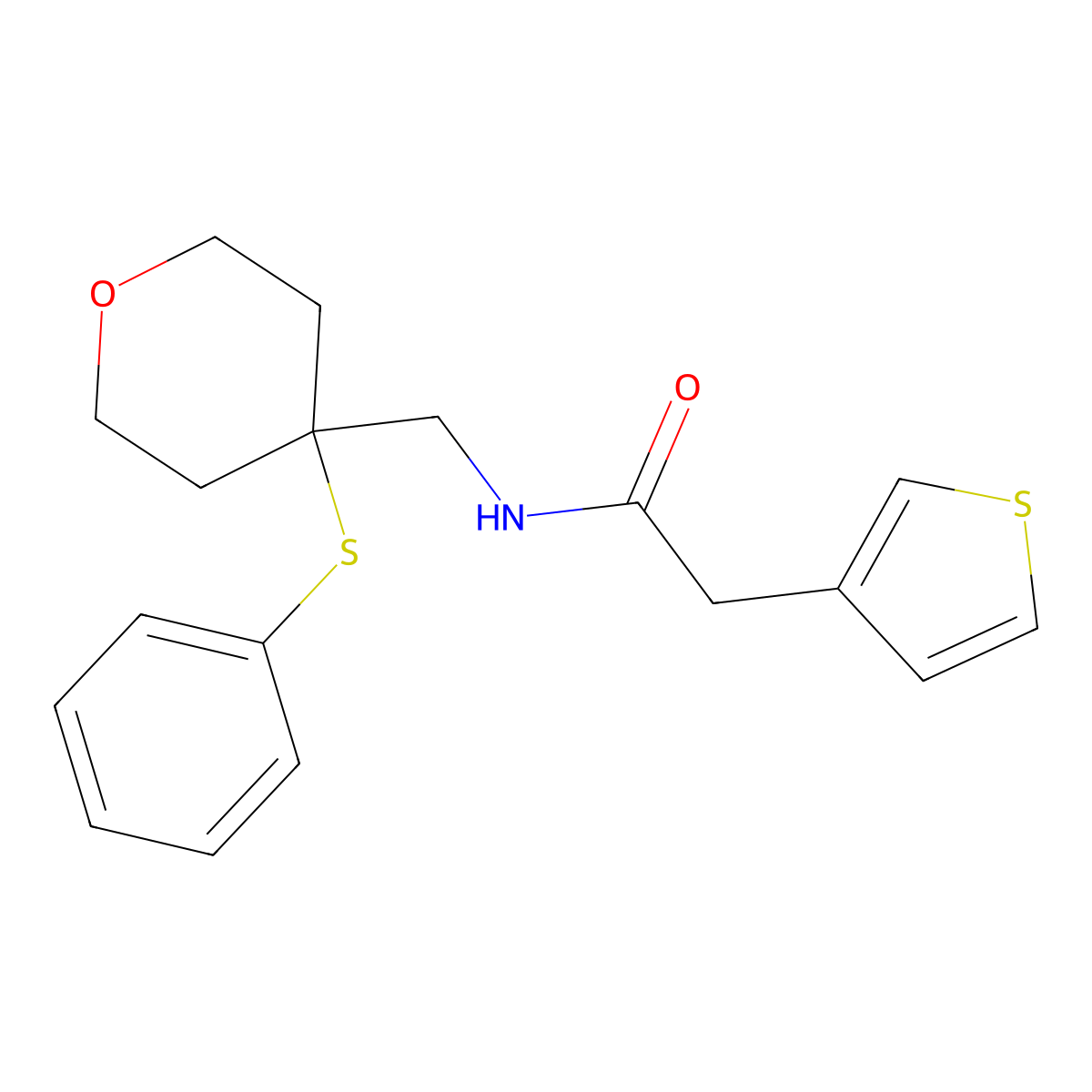 N-((4-(phenylthio)tetrahydro-2H-pyran-4-yl)methyl)-2-(thiophen-3-yl)acetamide molecular structure, CAS 1797726-33-0