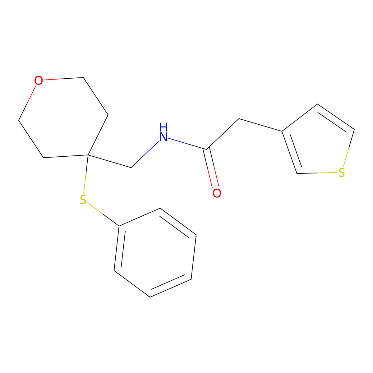 N-((4-(phenylthio)tetrahydro-2H-pyran-4-yl)methyl)-2-(thiophen-3-yl)acetamide molecular structure, CAS 1797726-33-0