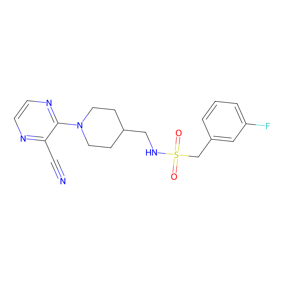 N-((1-(3-cyanopyrazin-2-yl)piperidin-4-yl)methyl)-1-(3-fluorophenyl)methanesulfonamide molecular structure, CAS 1797726-36-3