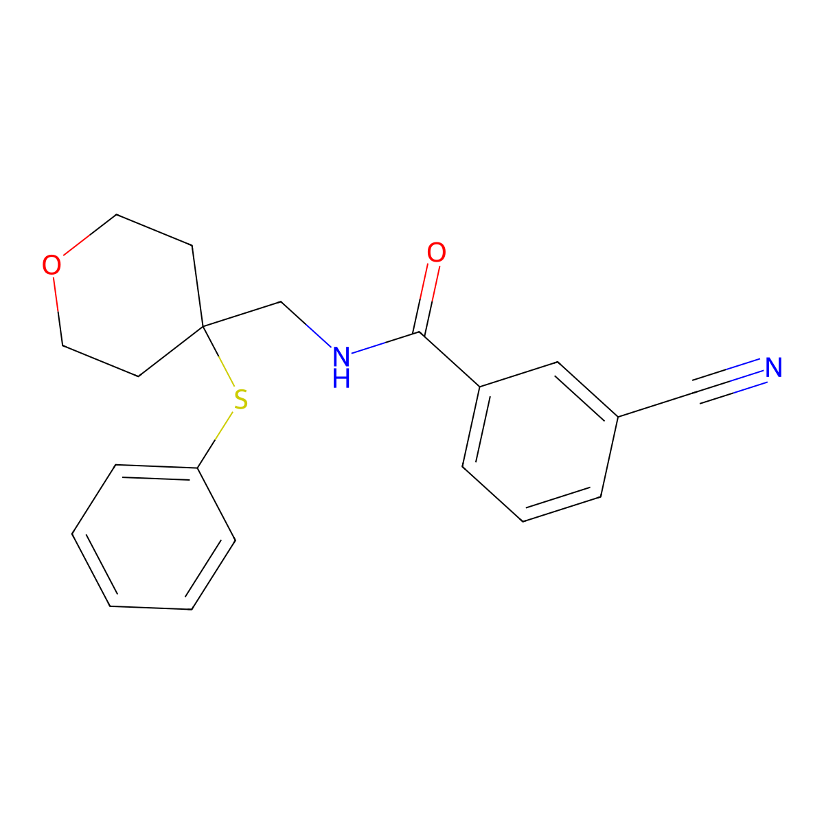 3-cyano-N-((4-(phenylthio)tetrahydro-2H-pyran-4-yl)methyl)benzamide molecular structure, CAS 1797726-82-9