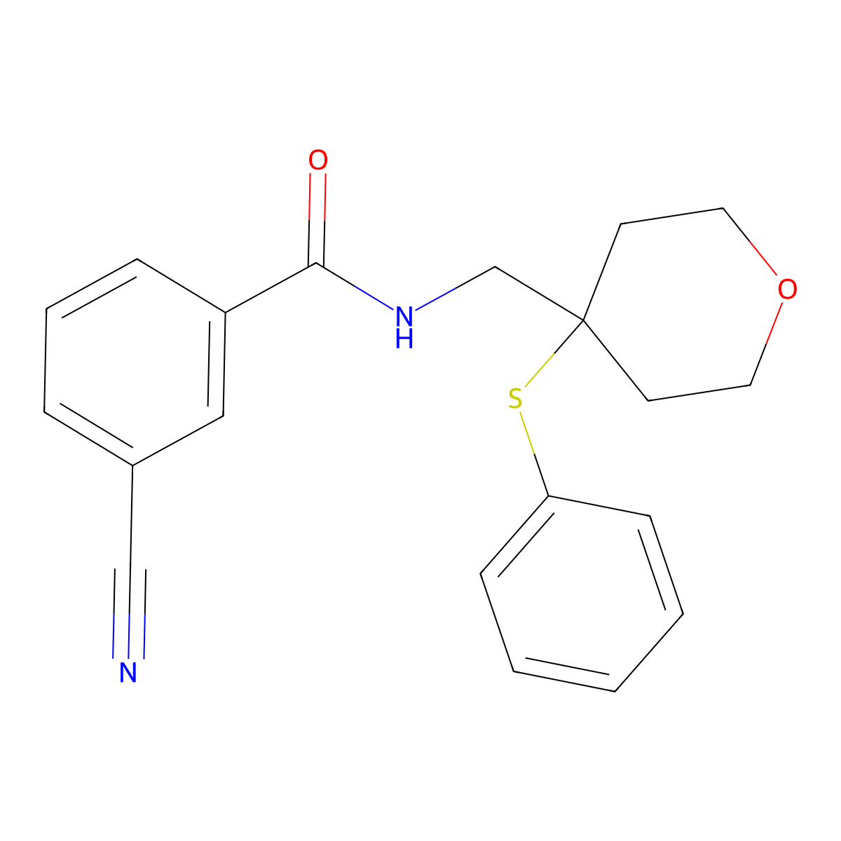 3-cyano-N-((4-(phenylthio)tetrahydro-2H-pyran-4-yl)methyl)benzamide molecular structure, CAS 1797726-82-9