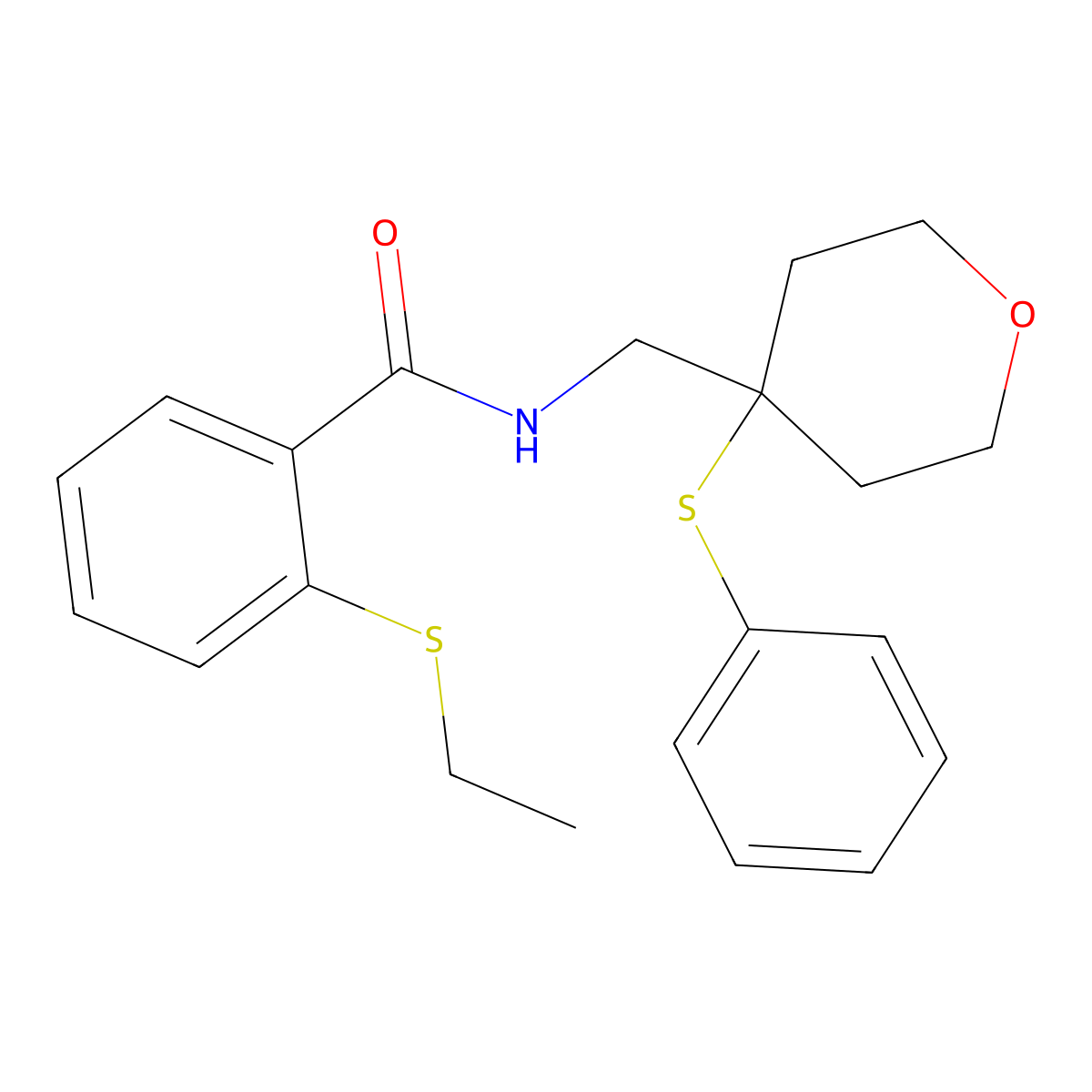 2-(ethylthio)-N-((4-(phenylthio)tetrahydro-2H-pyran-4-yl)methyl)benzamide molecular structure, CAS 1797726-90-9