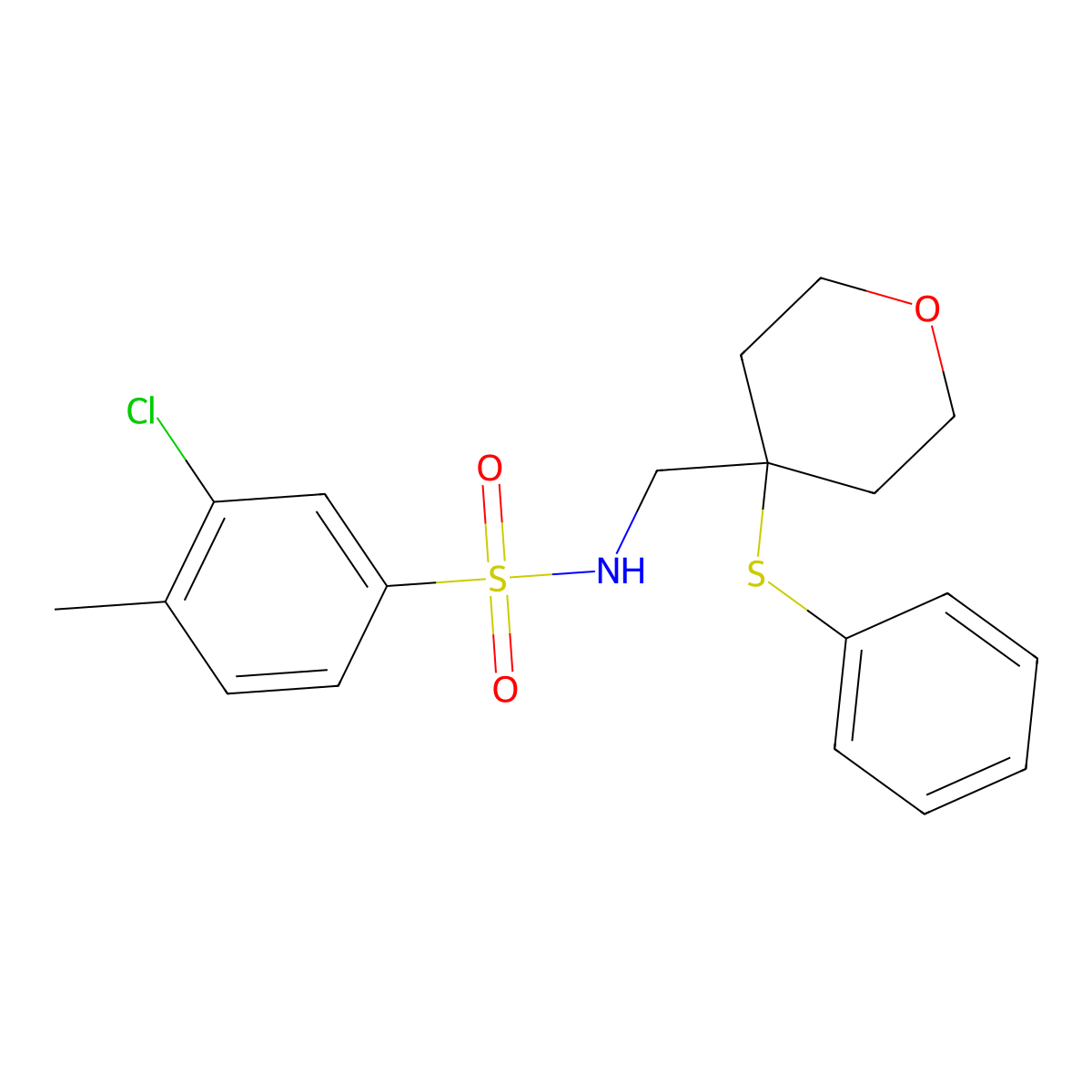 3-chloro-4-methyl-N-((4-(phenylthio)tetrahydro-2H-pyran-4-yl)methyl)benzenesulfonamide molecular structure, CAS 1797726-93-2