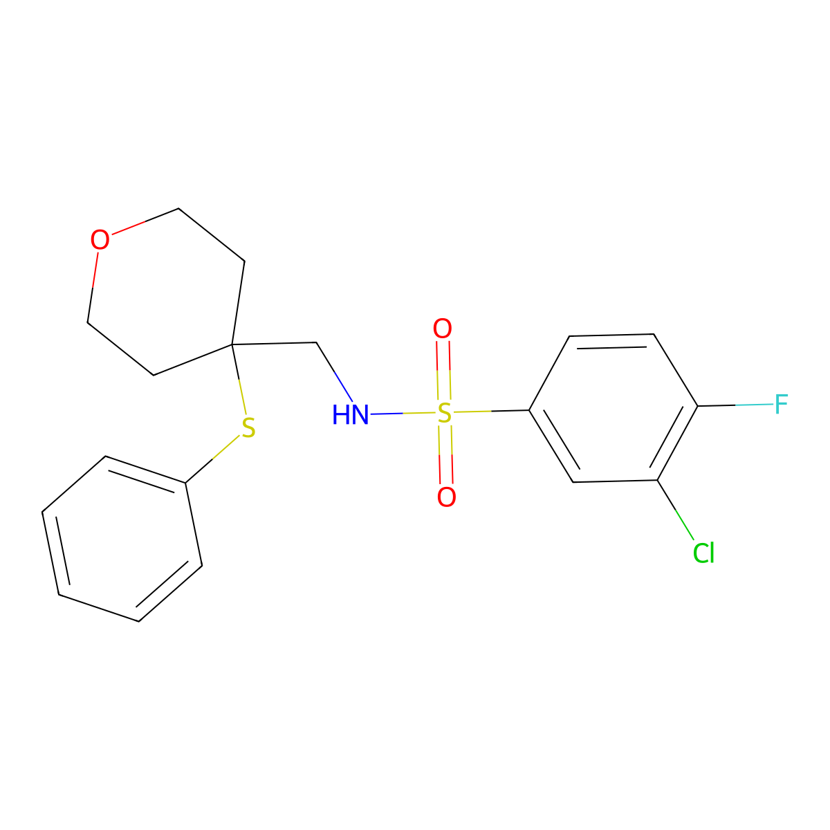 3-chloro-4-fluoro-N-((4-(phenylthio)tetrahydro-2H-pyran-4-yl)methyl)benzenesulfonamide molecular structure, CAS 1797726-97-6