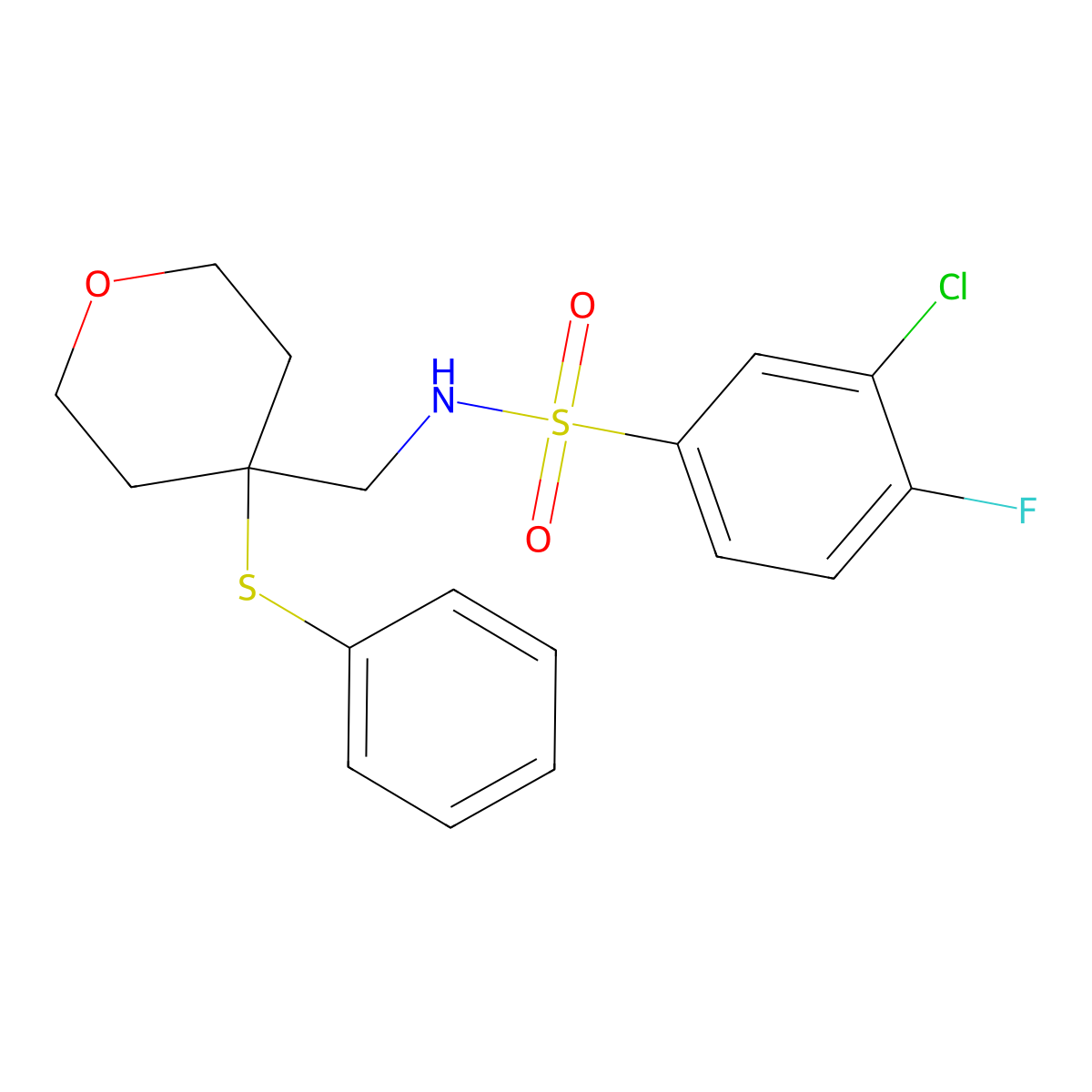 3-chloro-4-fluoro-N-((4-(phenylthio)tetrahydro-2H-pyran-4-yl)methyl)benzenesulfonamide molecular structure, CAS 1797726-97-6