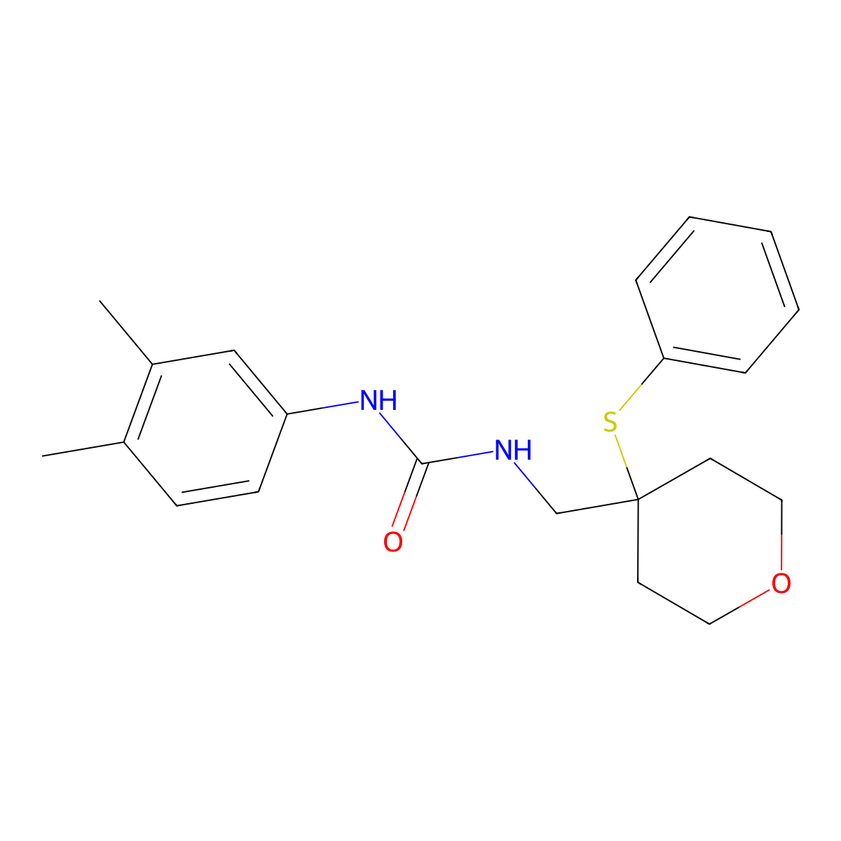 1-(3,4-dimethylphenyl)-3-((4-(phenylthio)tetrahydro-2H-pyran-4-yl)methyl)urea molecular structure, CAS 1797727-05-9
