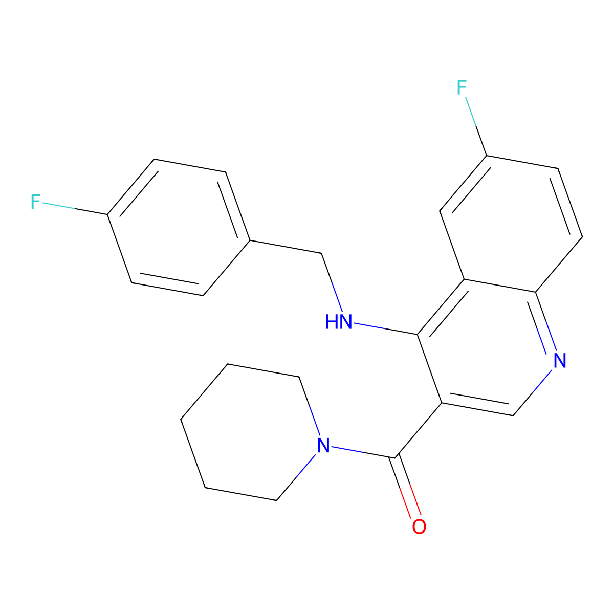 (6-Fluoro-4-((4-fluorobenzyl)amino)quinolin-3-yl)(piperidin-1-yl)methanone molecular structure, CAS 1797727-38-8