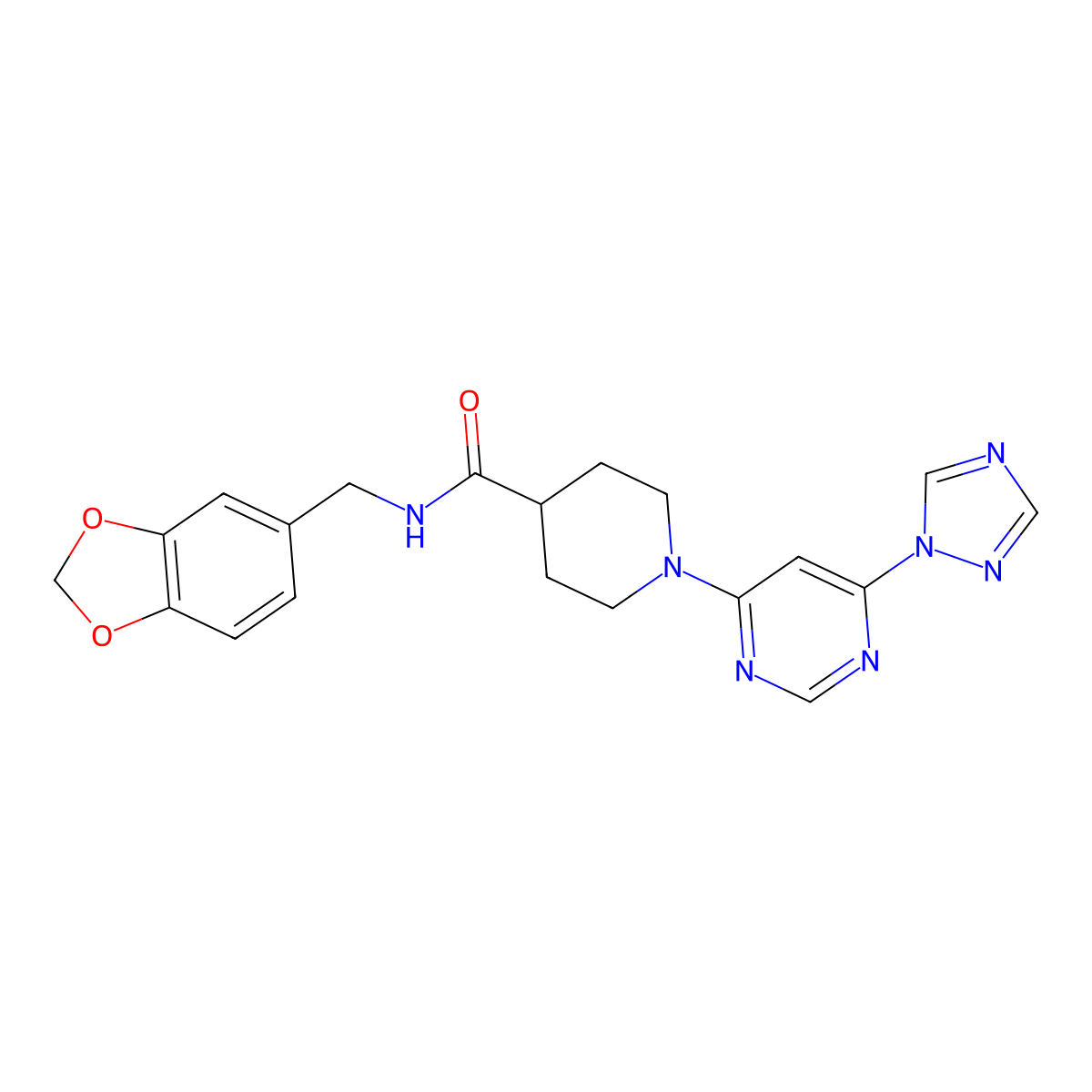 1-(6-(1H-1,2,4-triazol-1-yl)pyrimidin-4-yl)-N-(benzo[d][1,3]dioxol-5-ylmethyl)piperidine-4-carboxamide molecular structure, CAS 1797727-78-6