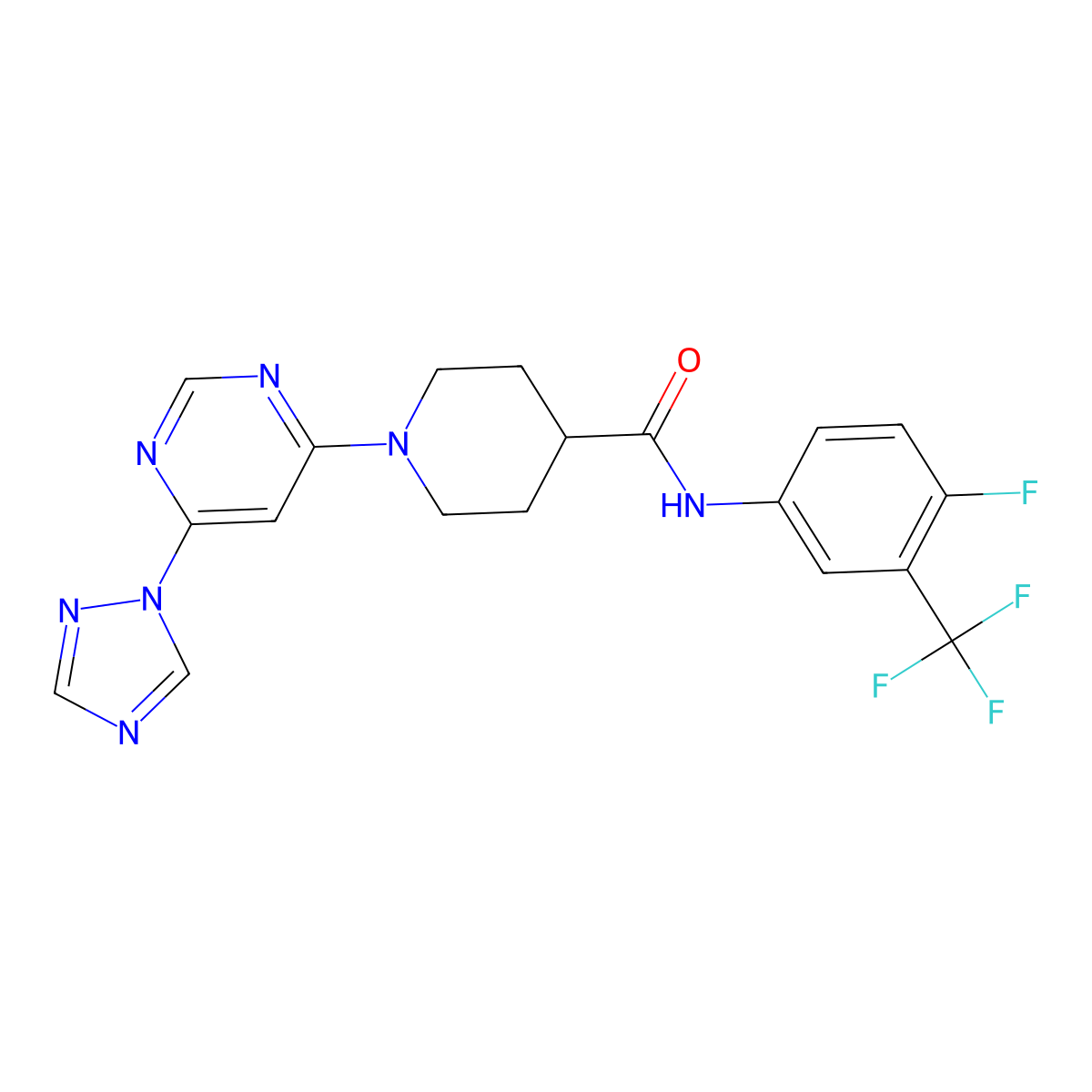 1-(6-(1H-1,2,4-triazol-1-yl)pyrimidin-4-yl)-N-(4-fluoro-3-(trifluoromethyl)phenyl)piperidine-4-carboxamide molecular structure, CAS 1797727-83-3