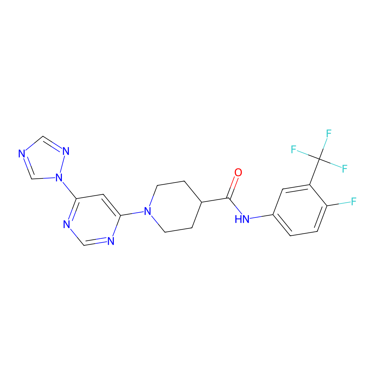 1-(6-(1H-1,2,4-triazol-1-yl)pyrimidin-4-yl)-N-(4-fluoro-3-(trifluoromethyl)phenyl)piperidine-4-carboxamide molecular structure, CAS 1797727-83-3
