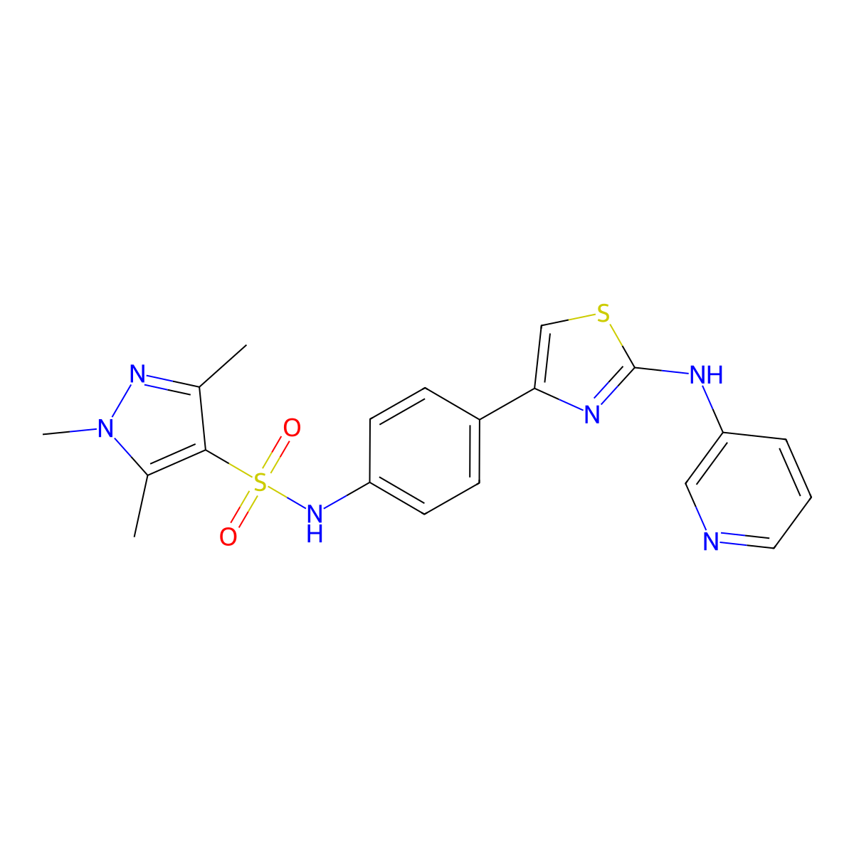 1,3,5-trimethyl-N-(4-(2-(pyridin-3-ylamino)thiazol-4-yl)phenyl)-1H-pyrazole-4-sulfonamide molecular structure, CAS 1797727-84-4