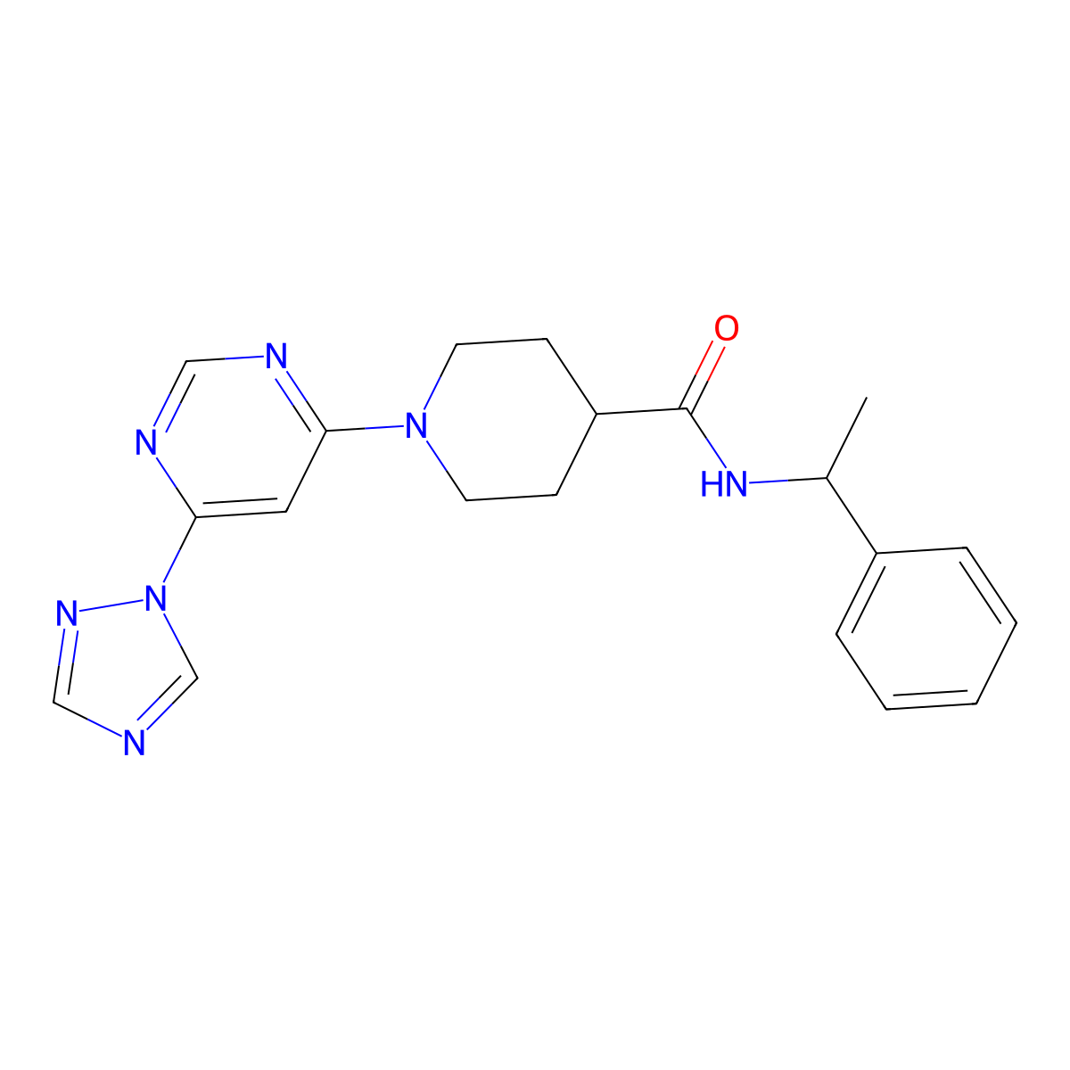 1-(6-(1H-1,2,4-triazol-1-yl)pyrimidin-4-yl)-N-(1-phenylethyl)piperidine-4-carboxamide molecular structure, CAS 1797727-86-6