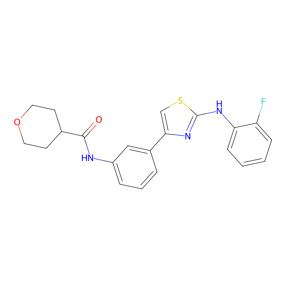 N-(3-(2-((2-fluorophenyl)amino)thiazol-4-yl)phenyl)tetrahydro-2H-pyran-4-carboxamide molecular structure, CAS 1797727-87-7