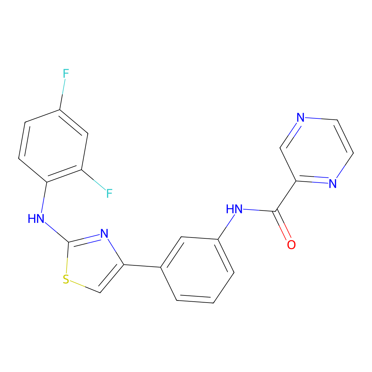 N-(3-(2-((2,4-difluorophenyl)amino)thiazol-4-yl)phenyl)pyrazine-2-carboxamide molecular structure, CAS 1797728-01-8