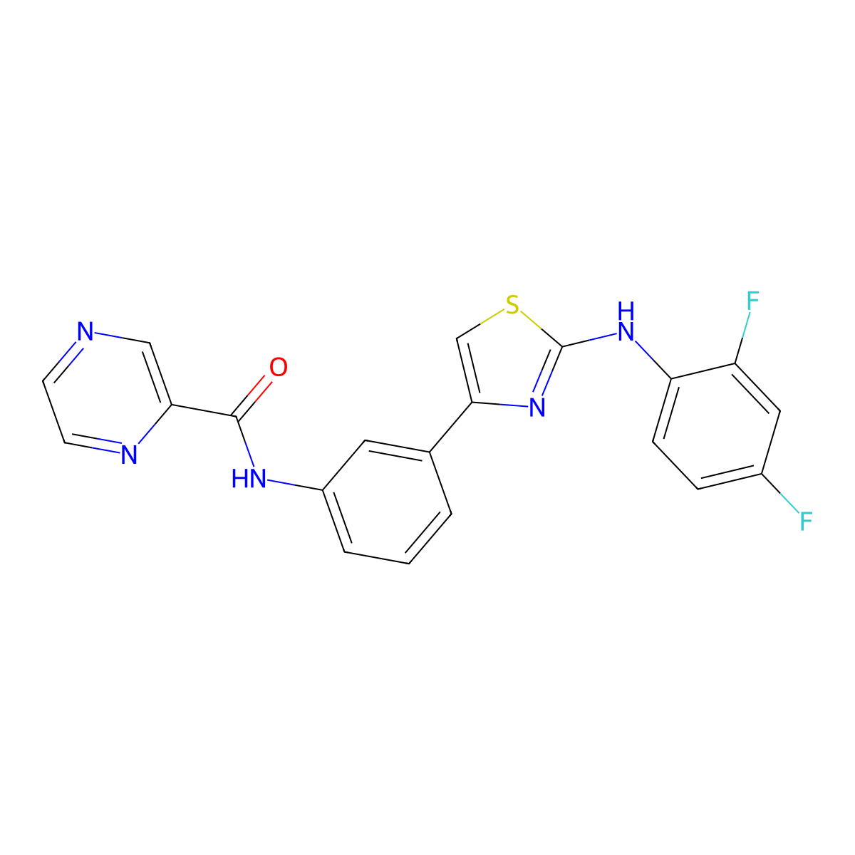 N-(3-(2-((2,4-difluorophenyl)amino)thiazol-4-yl)phenyl)pyrazine-2-carboxamide molecular structure, CAS 1797728-01-8