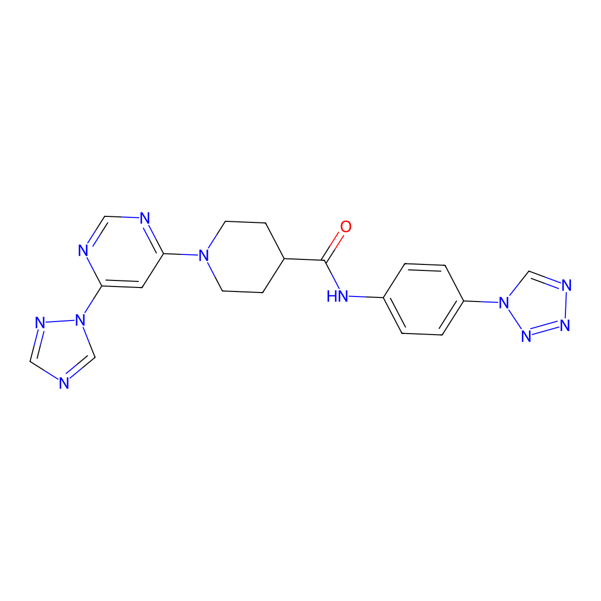 1-(6-(1H-1,2,4-triazol-1-yl)pyrimidin-4-yl)-N-(4-(1H-tetrazol-1-yl)phenyl)piperidine-4-carboxamide molecular structure, CAS 1797728-46-1