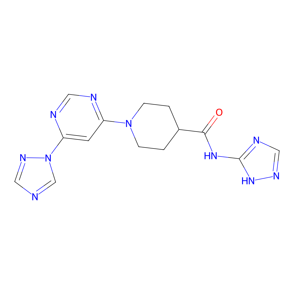 1-[6-(1H-1,2,4-triazol-1-yl)pyrimidin-4-yl]-N-(1H-1,2,4-triazol-5-yl)piperidine-4-carboxamide molecular structure, CAS 1797728-63-2