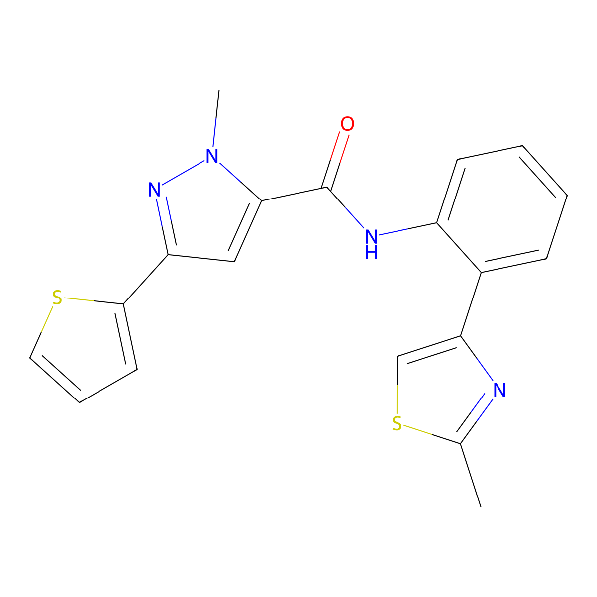 1-methyl-N-(2-(2-methylthiazol-4-yl)phenyl)-3-(thiophen-2-yl)-1H-pyrazole-5-carboxamide molecular structure, CAS 1797728-72-3