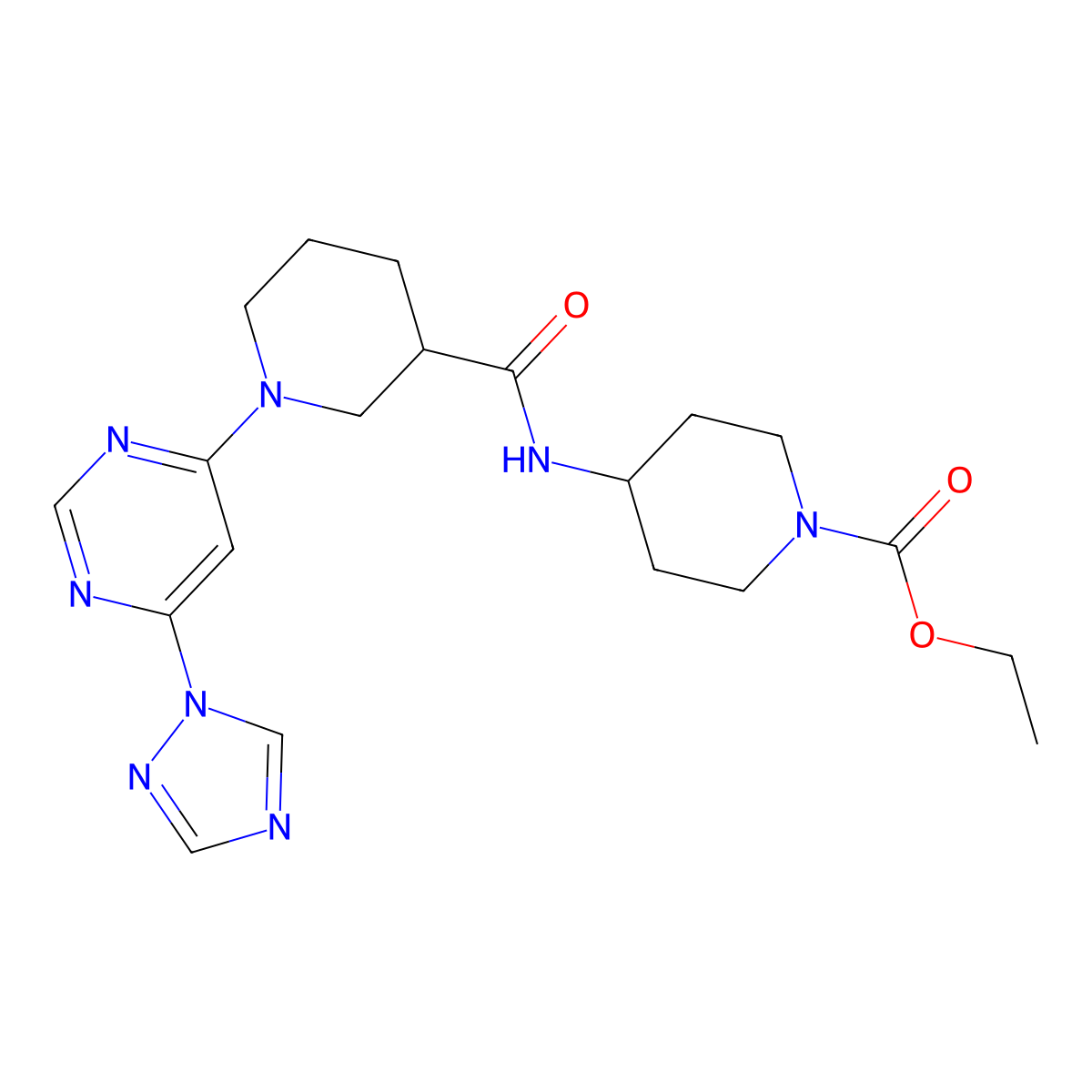 ethyl 4-(1-(6-(1H-1,2,4-triazol-1-yl)pyrimidin-4-yl)piperidine-3-carboxamido)piperidine-1-carboxylate molecular structure, CAS 1797729-09-9