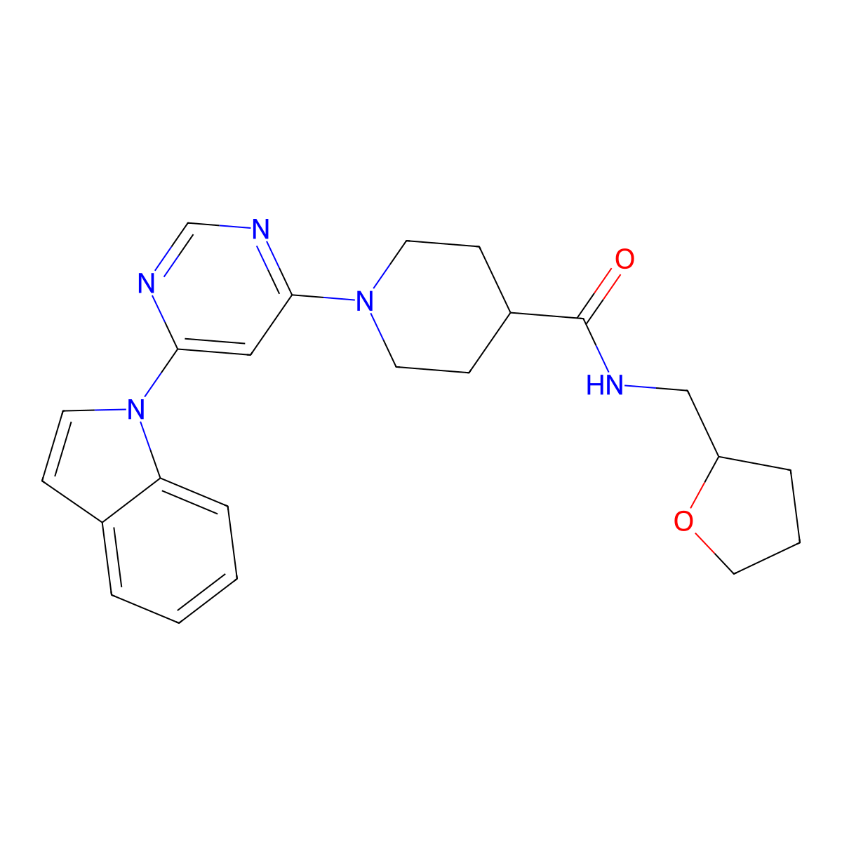 1-(6-(1H-indol-1-yl)pyrimidin-4-yl)-N-((tetrahydrofuran-2-yl)methyl)piperidine-4-carboxamide molecular structure, CAS 1797729-22-6