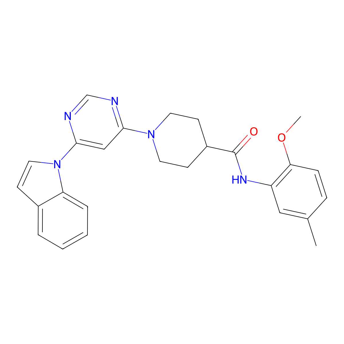 1-[6-(1H-indol-1-yl)pyrimidin-4-yl]-N-(2-methoxy-5-methylphenyl)piperidine-4-carboxamide molecular structure, CAS 1797729-27-1
