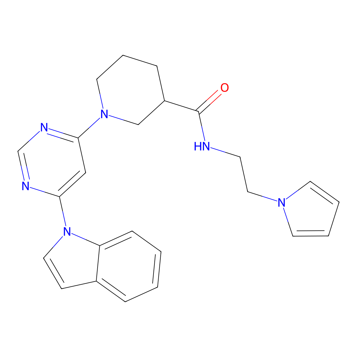 1-(6-(1H-indol-1-yl)pyrimidin-4-yl)-N-(2-(1H-pyrrol-1-yl)ethyl)piperidine-3-carboxamide molecular structure, CAS 1797729-46-4