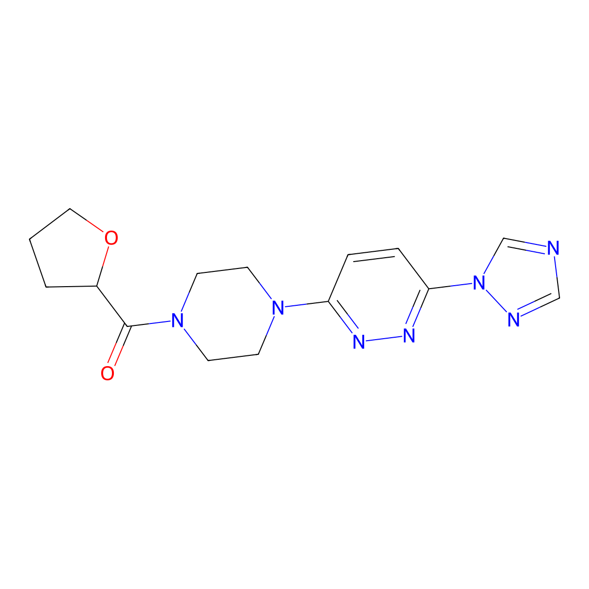 (4-(6-(1H-1,2,4-triazol-1-yl)pyridazin-3-yl)piperazin-1-yl)(tetrahydrofuran-2-yl)methanone molecular structure, CAS 1797730-57-4