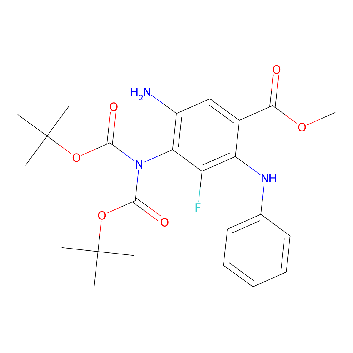 Methyl 5-amino-4-{bis[(tert-butoxy)carbonyl]amino}-3-fluoro-2-(phenylamino)benzoate molecular structure, CAS 1797731-73-7
